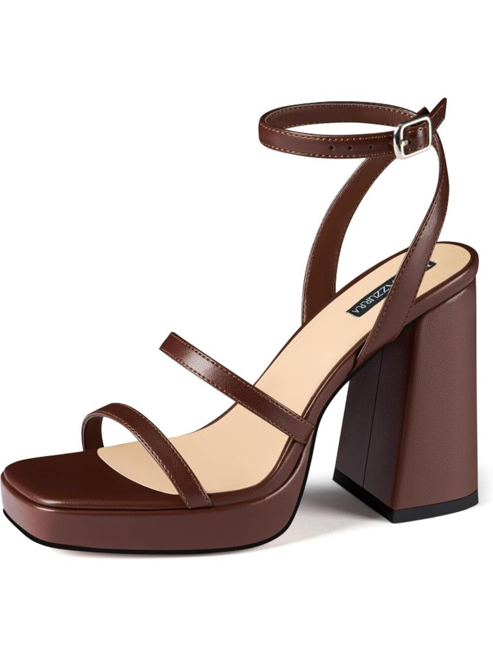 Women's Chocolate Faux Leather Chunky Block Heel Square Open Toe Two Strap Heels